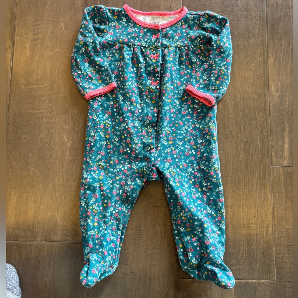 5 for $10 Carter's Teal Floral Footed One-Piece with Pink Trim